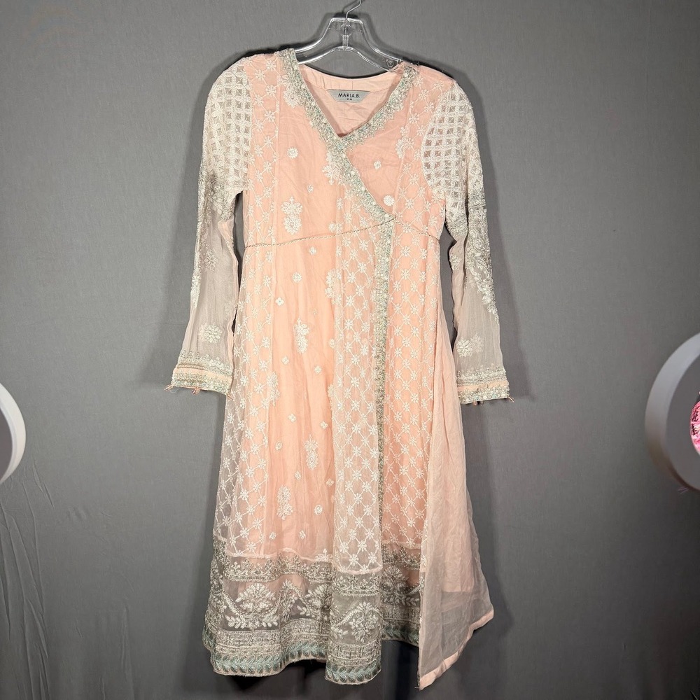 Maria B Girls Blush Pink Indian Anarkali Kurta Dress Silver‎ Lace Size 12-14